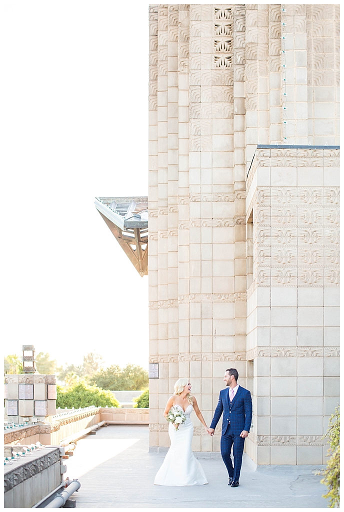 elegant bride and groom on the historic Phoenix Arizona Biltmore rooftop