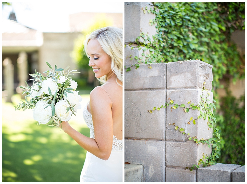 bride with white floral and greenery bouquet 