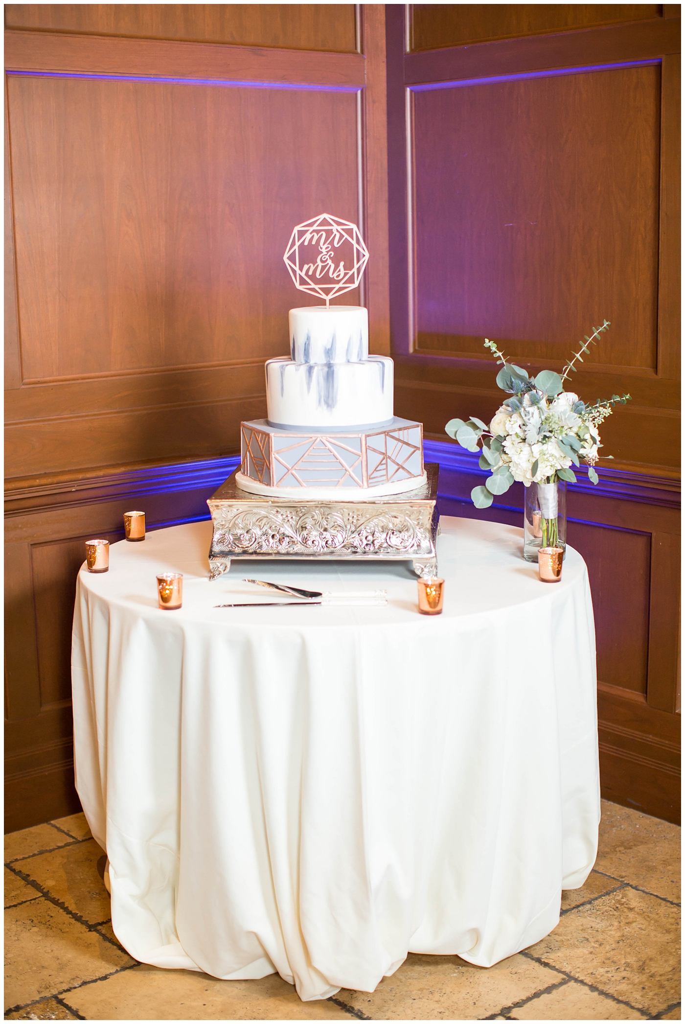 Geometric Wedding Cake with blue and copper