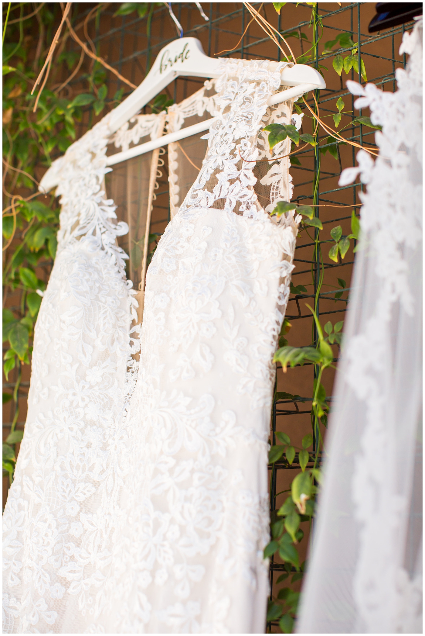 beautiful Justina Alexander wedding dress hanging up