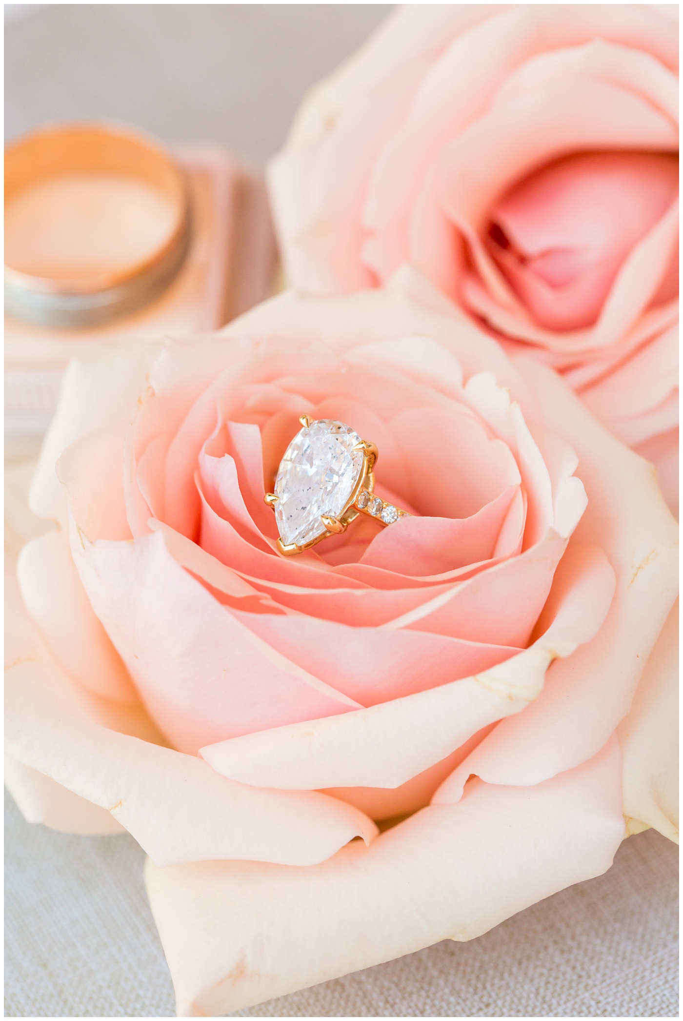 wedding ring on pink rose from bouquet