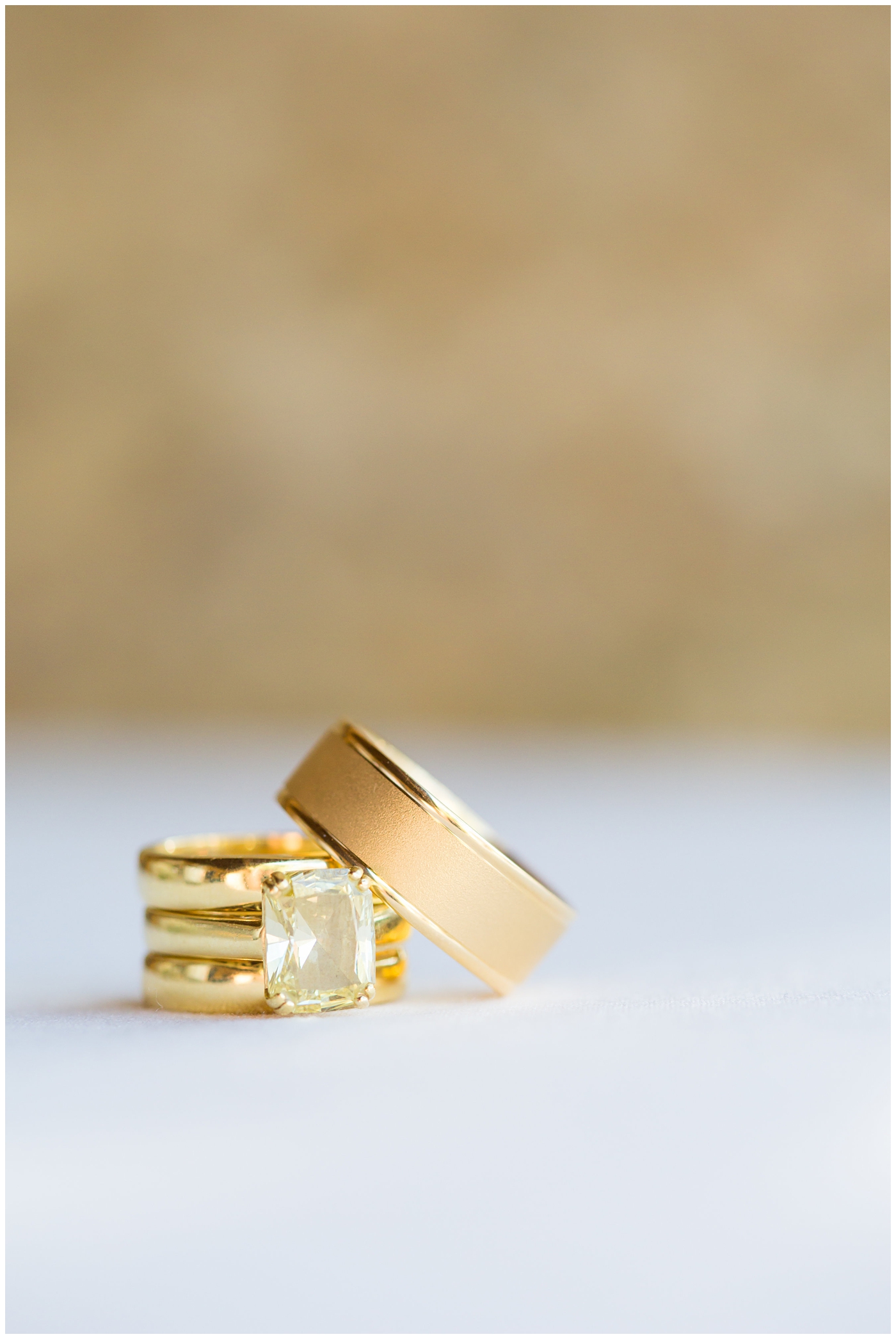 yellow canary diamond with gold band and groom gold wedding band