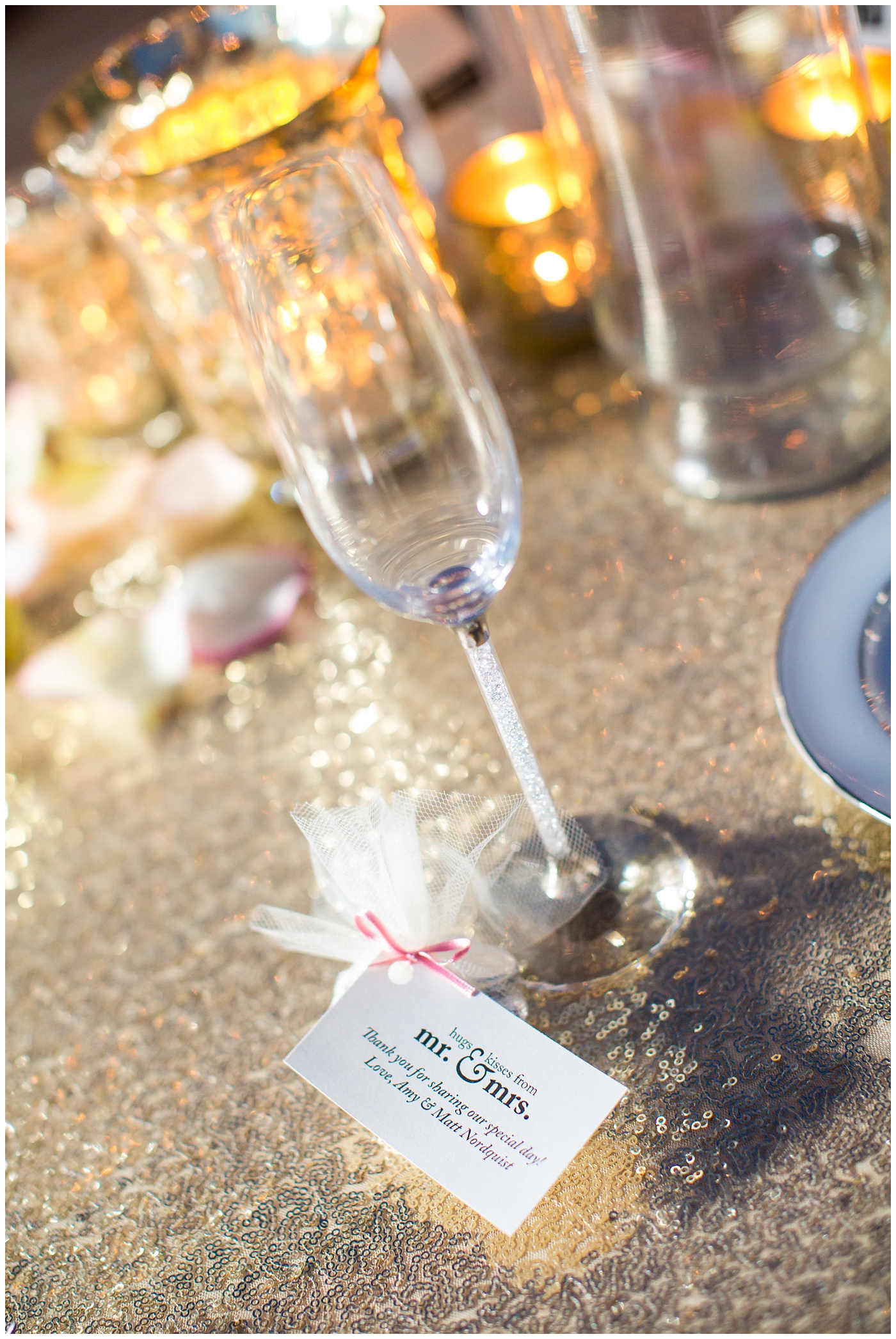 champagne cup and gold sequin linen at wedding reception