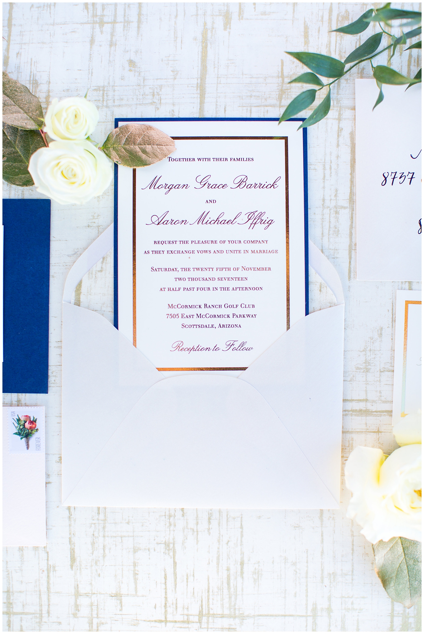 navy white gold wedding invitation suite