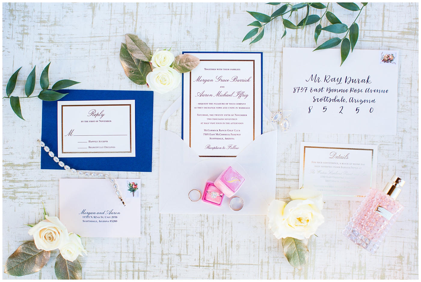 navy white gold wedding invitation suite with pink mrs ring box