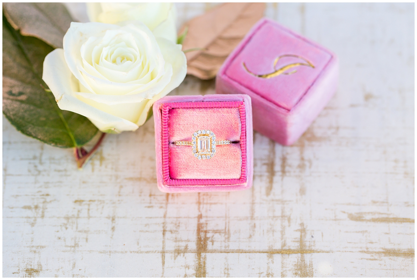 pink mrs box with wedding rings