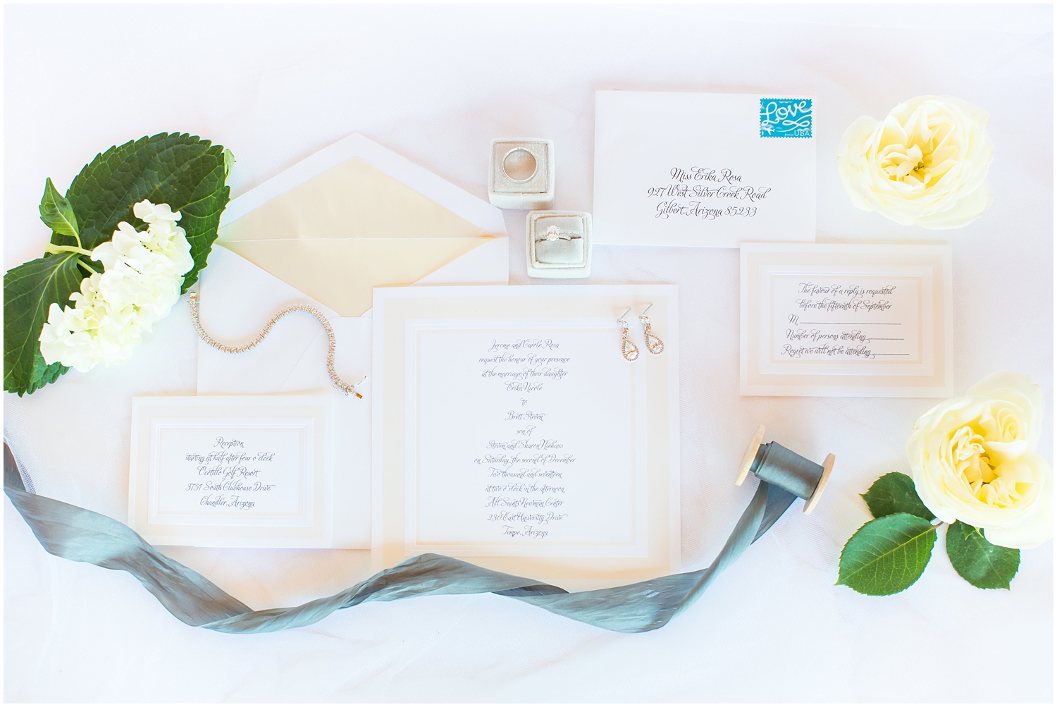 white and ivory wedding invitation suite details