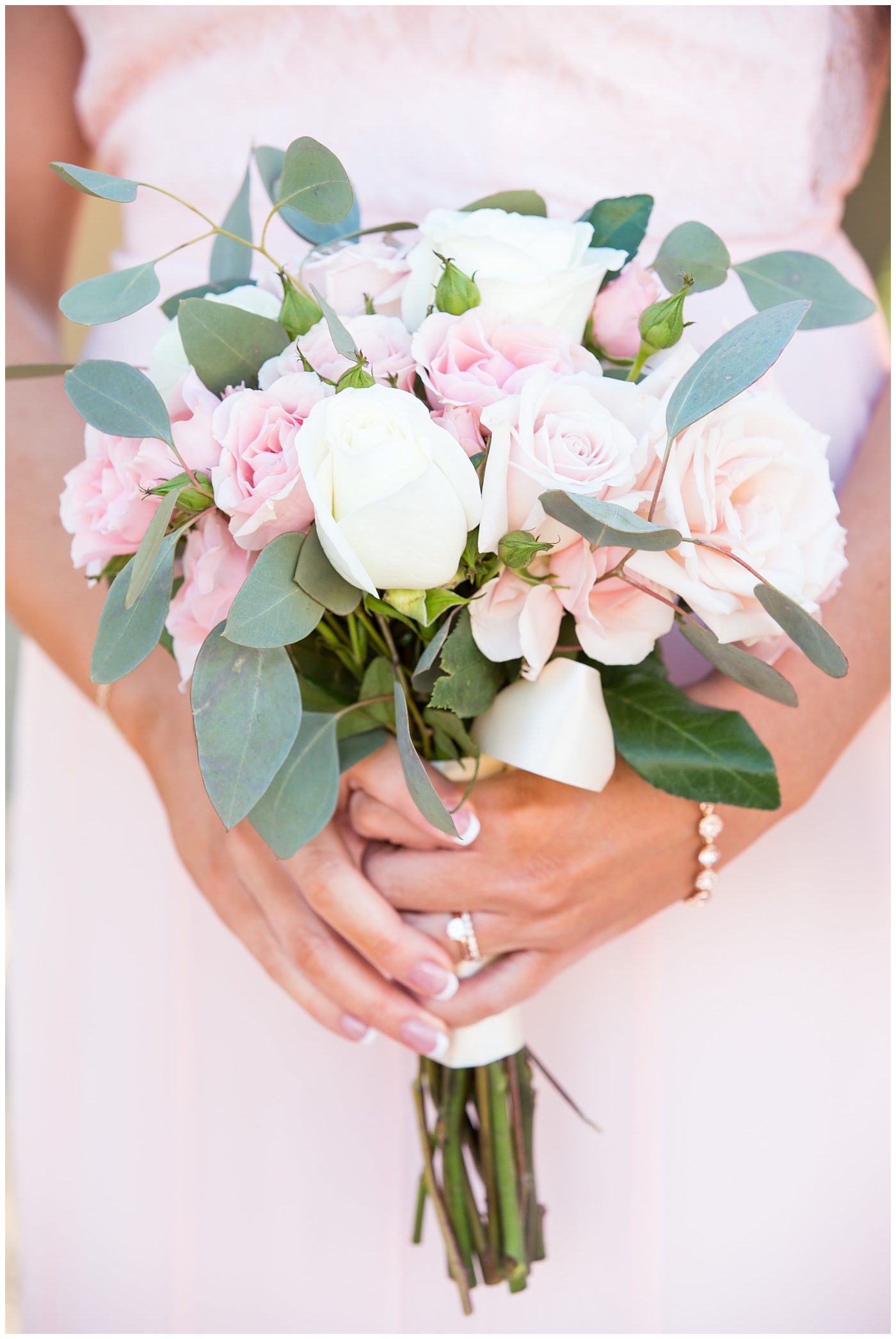 blush pink, white rose and eucalyptus greenery wedding bouquet