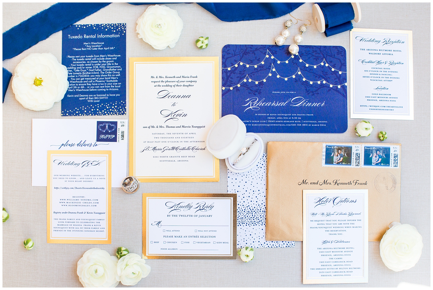 wedding invitation suite flat lay details gold and royal blue with white ring box