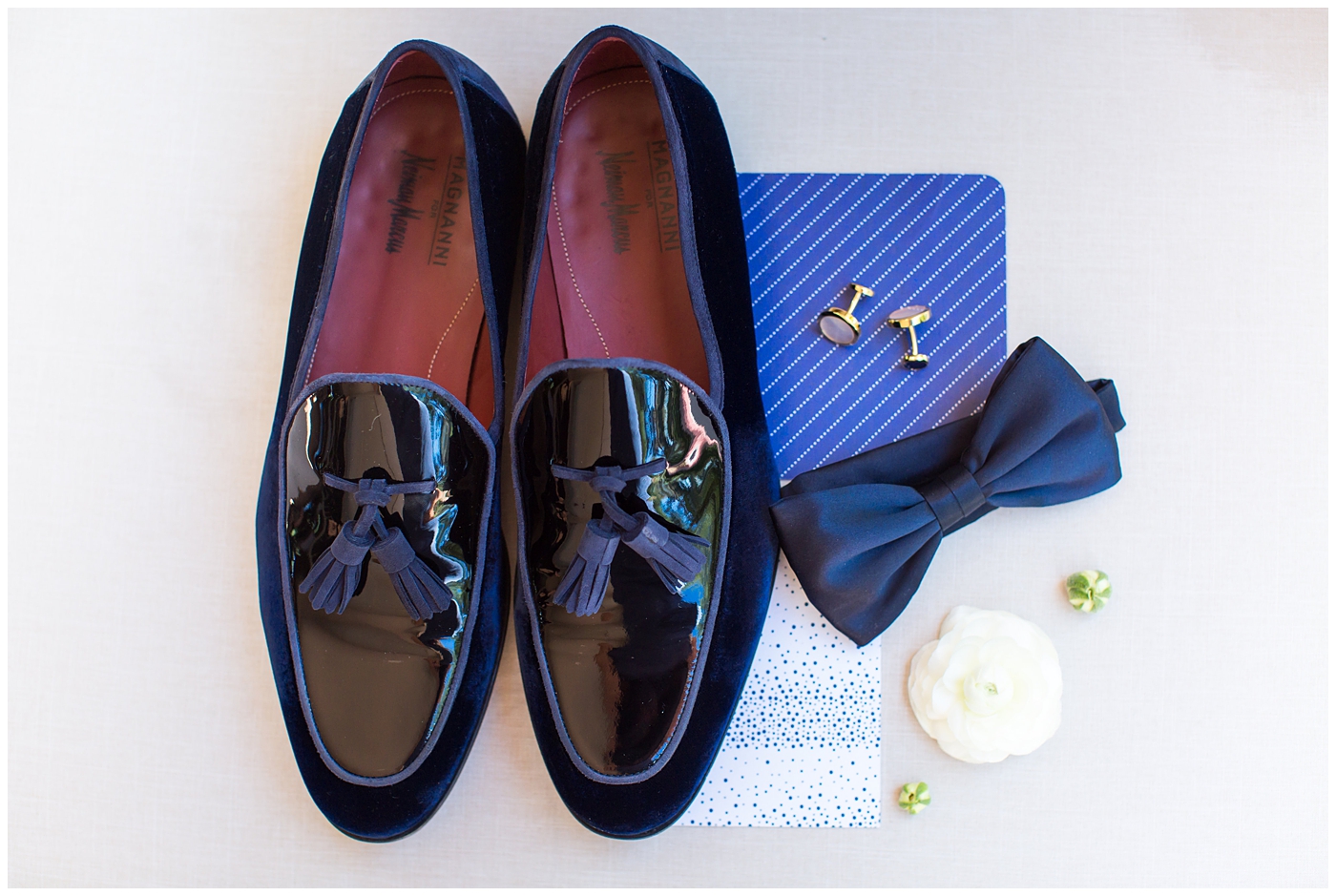 groom's blue suede shoes navy bowtie and cufflinks wedding day details
