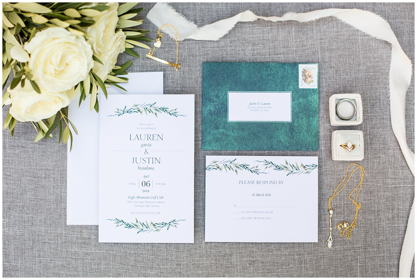 Simple white and green wedding invitation suite flat details