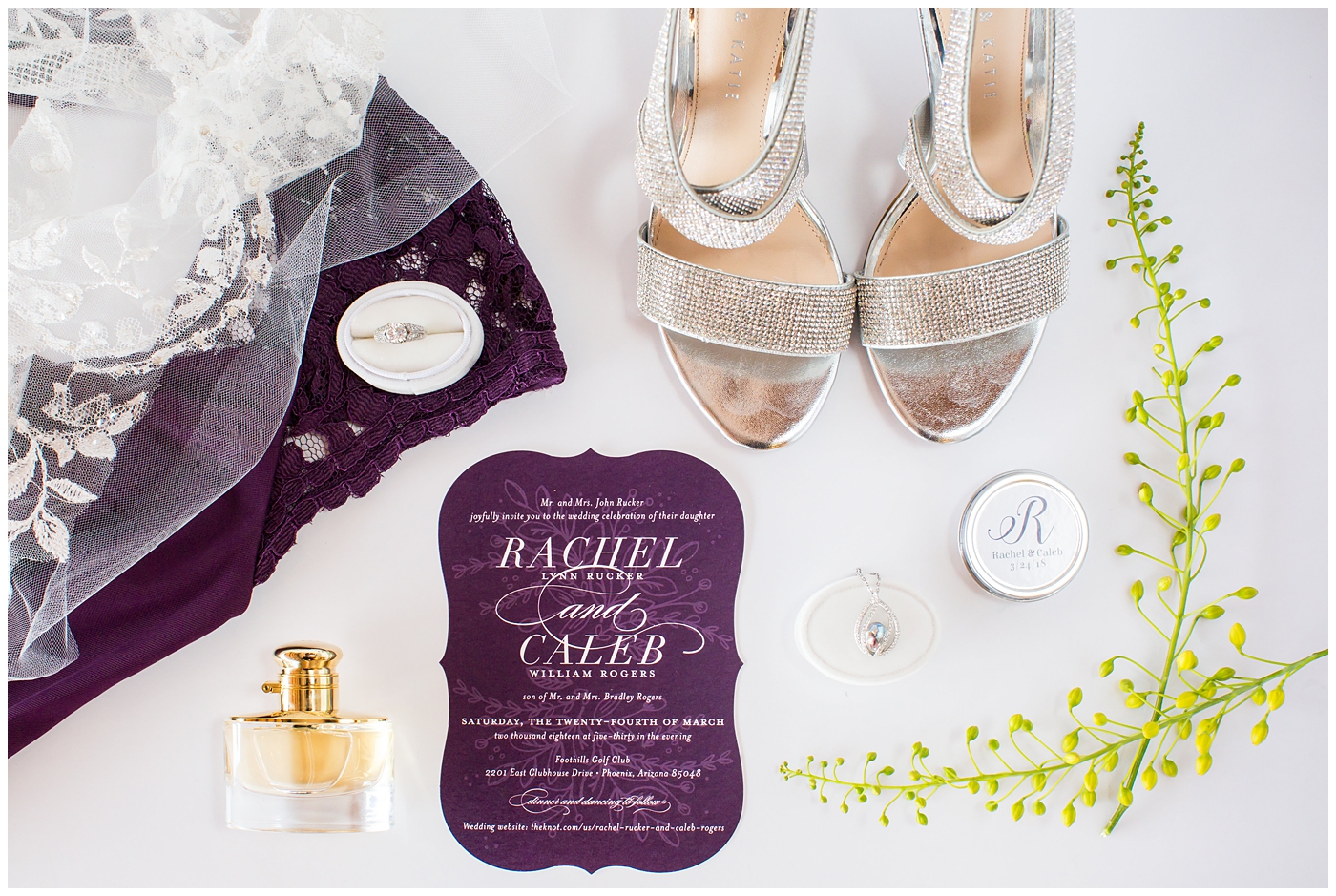 flat lay details of wedding invitation suite, shoes, ring, perfume purple wedding day