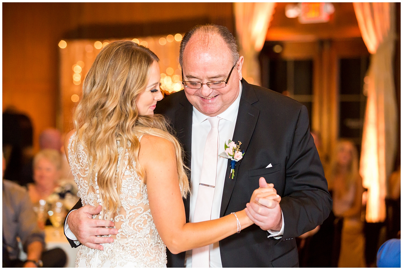 bride in lillian lottie couture strapped beaded wedding dress with father for father daughter dance in ballroom reception