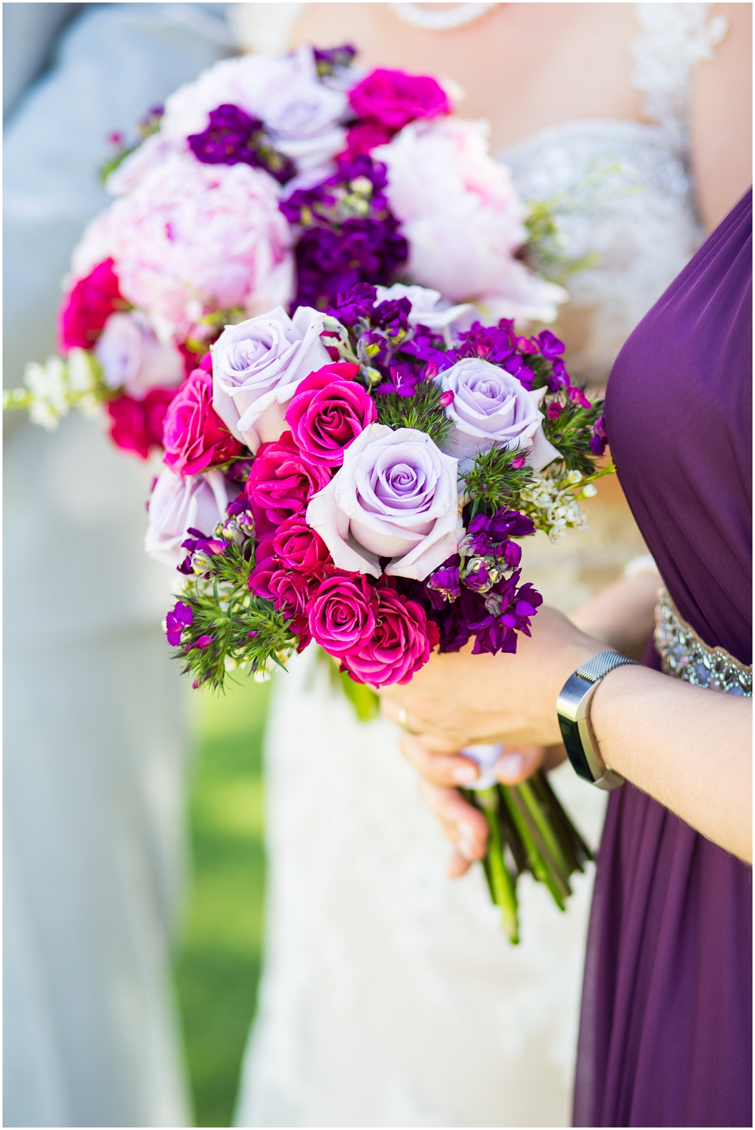 purple and lavender roses and peonies wedding bouquet