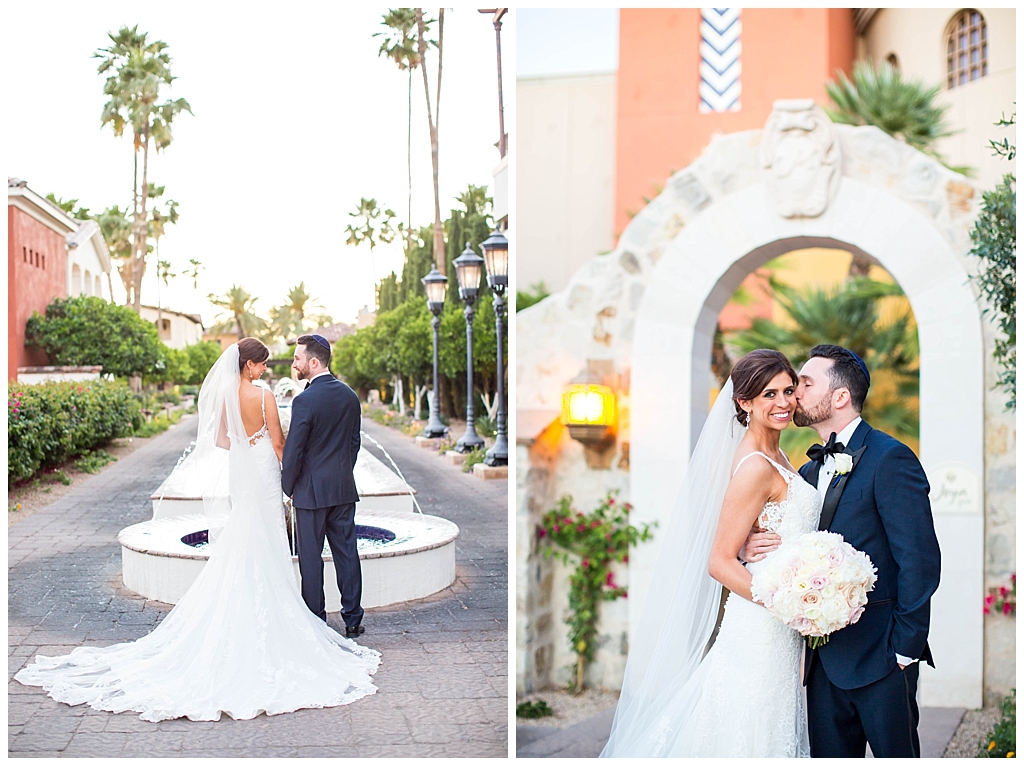 romantic bride and groom by fountain and spa at Omni Montelucia