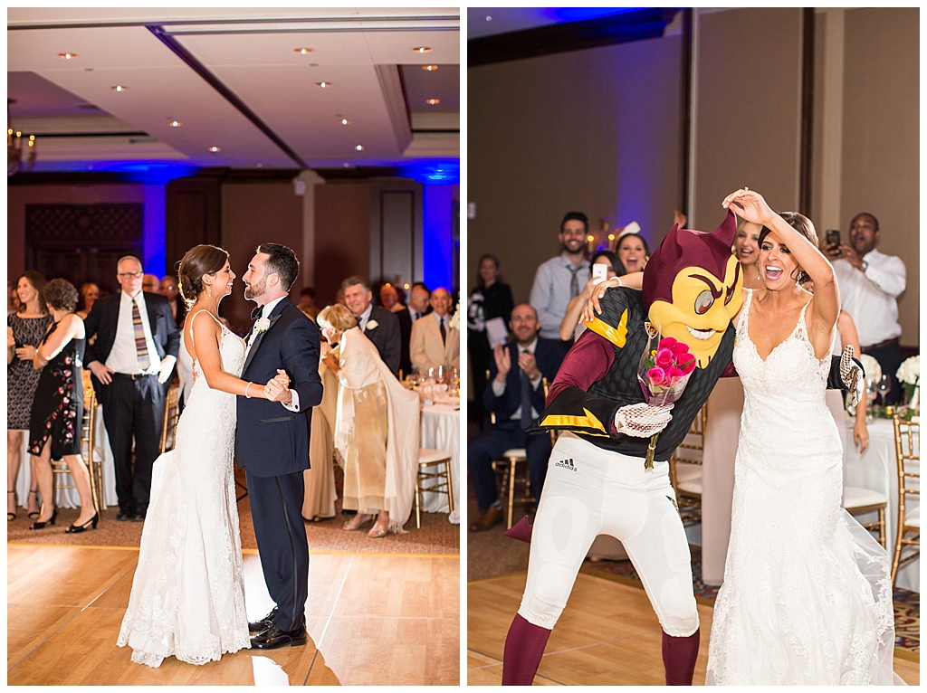 ASU Sparky mascot crashes ballroom wedding reception with the bride at Omni Montelucia