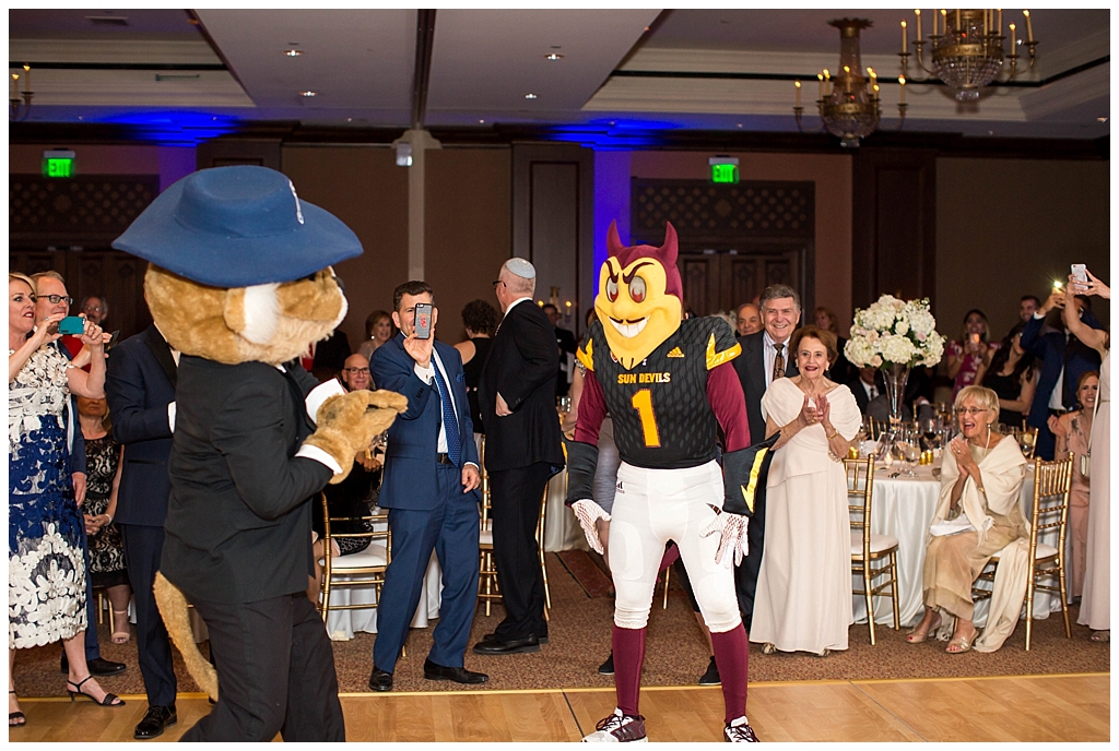 ASU Sparky mascot and UofA wildcat crashes ballroom wedding reception at Omni Montelucia