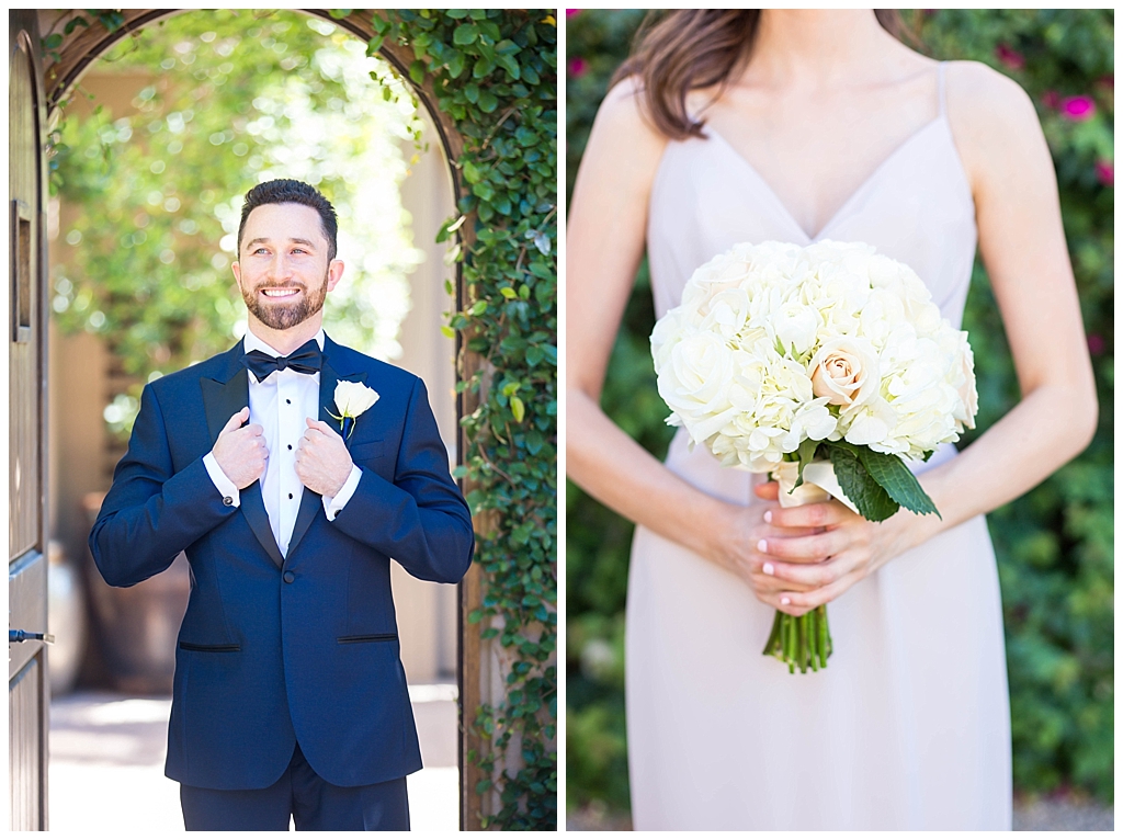 groom in navy suit and beautiful white bouquet 
