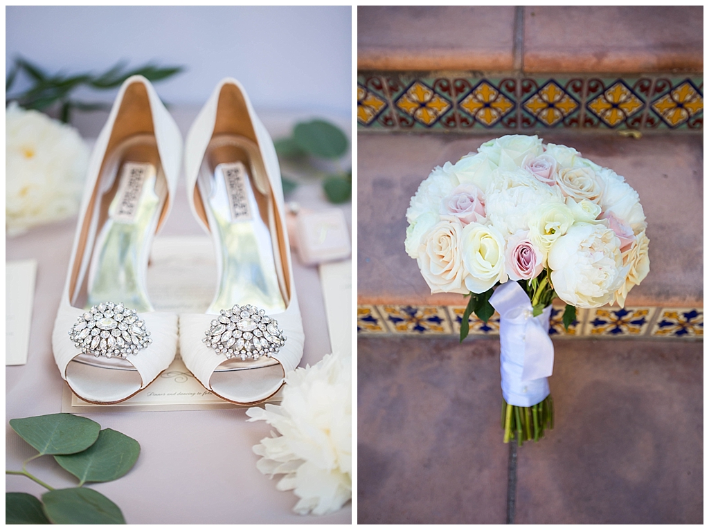 bride's bling shoes and white and pink rose wedding bouquet