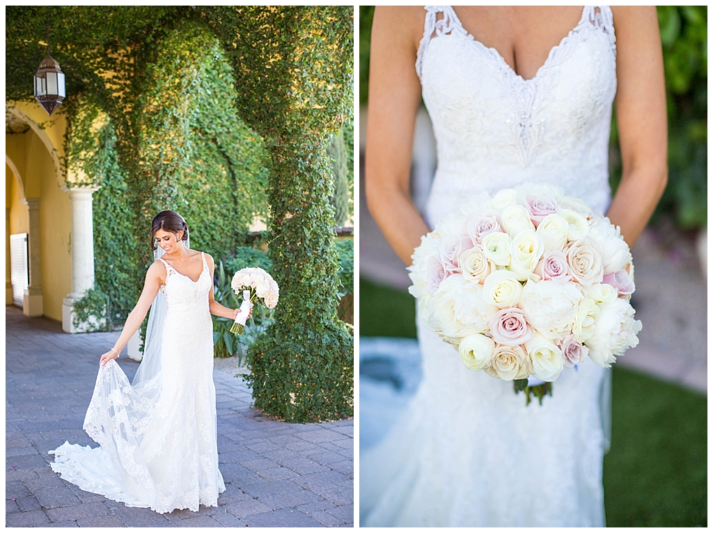 elegant bride with white and pink rose wedding bouquet at Omni Montelucia