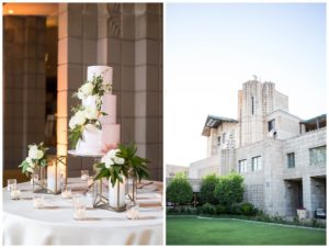 pink ombre wedding cake with white flowers and greenery surrounded by gold terraniums