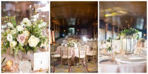 wedding reception table with blush table cloths with gold chairs white flower arrangements