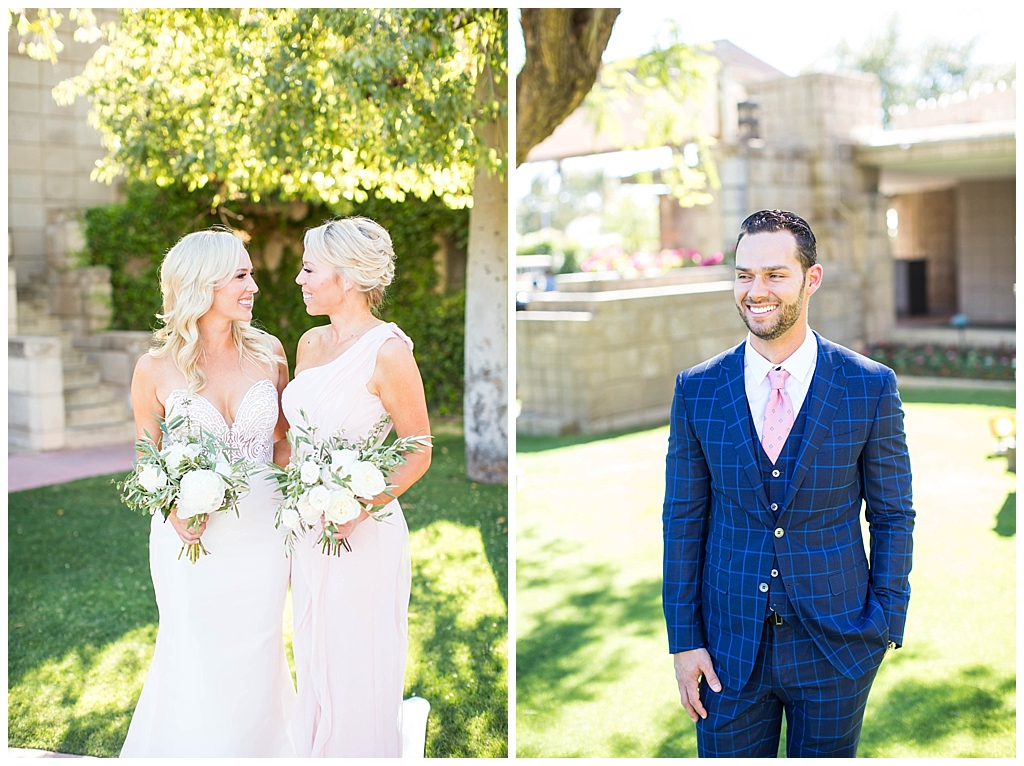 bride with maid of honor and groom in custom blue suit