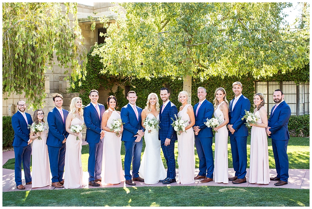 wedding party in navy and blush