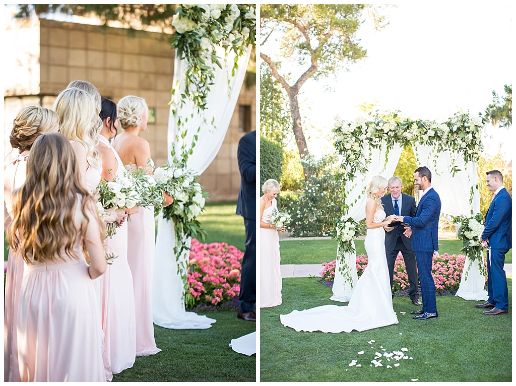 bridesmaids in blush pink with white floral bouquets arizona biltmore wedding ceremony 
