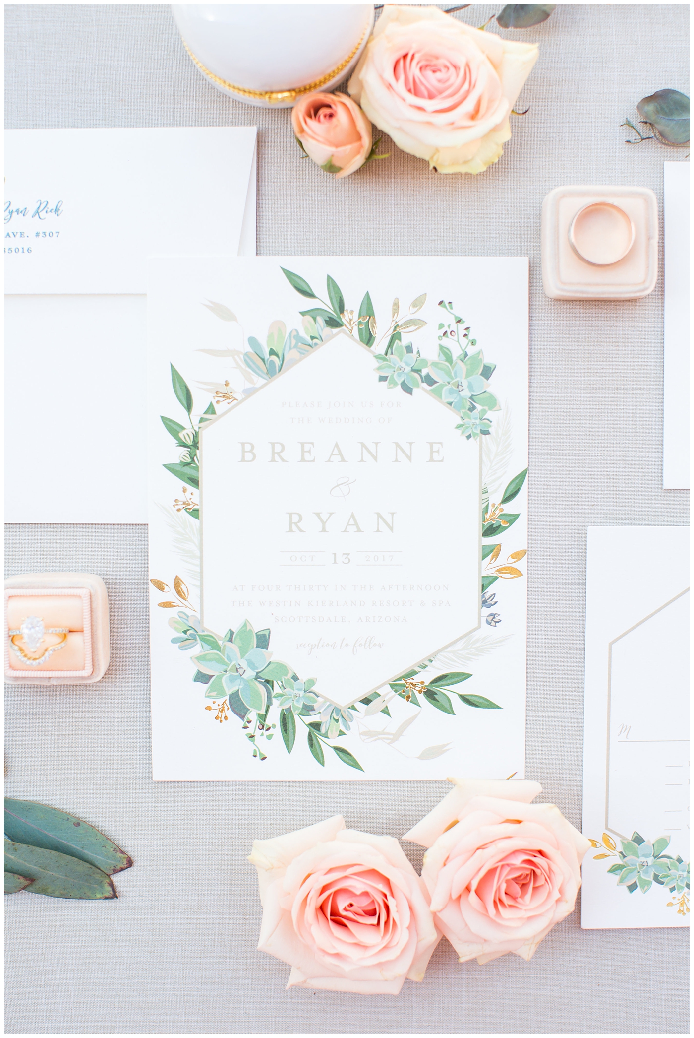 Pink and green elegant wedding invitation suite with succulents
