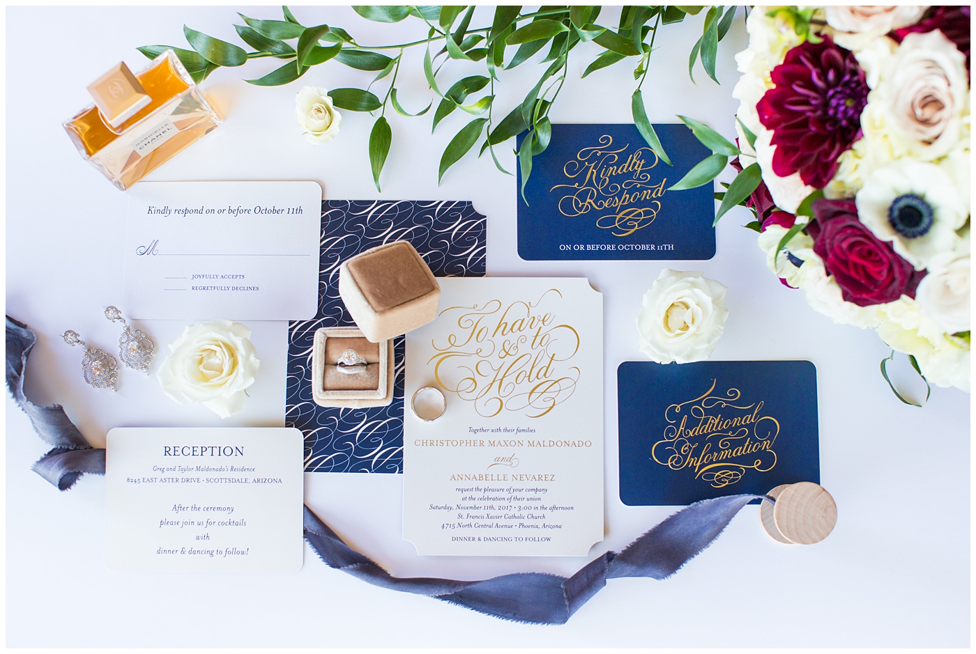 blue and gold wedding invitation suite with rings red roses