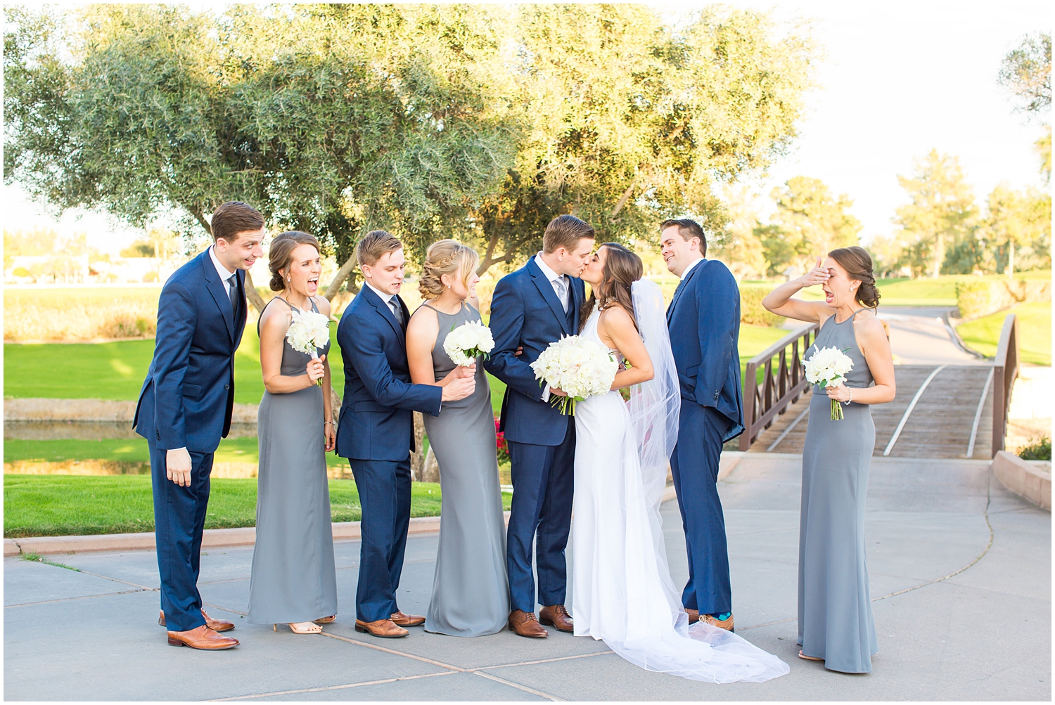 bride in demetrios bridal gown racerback with sheer beading with white hydrangeas bouquet with bridesmaids in gray dresses and groom and groomsmen in navy blue suit with light blue tie wedding party picture