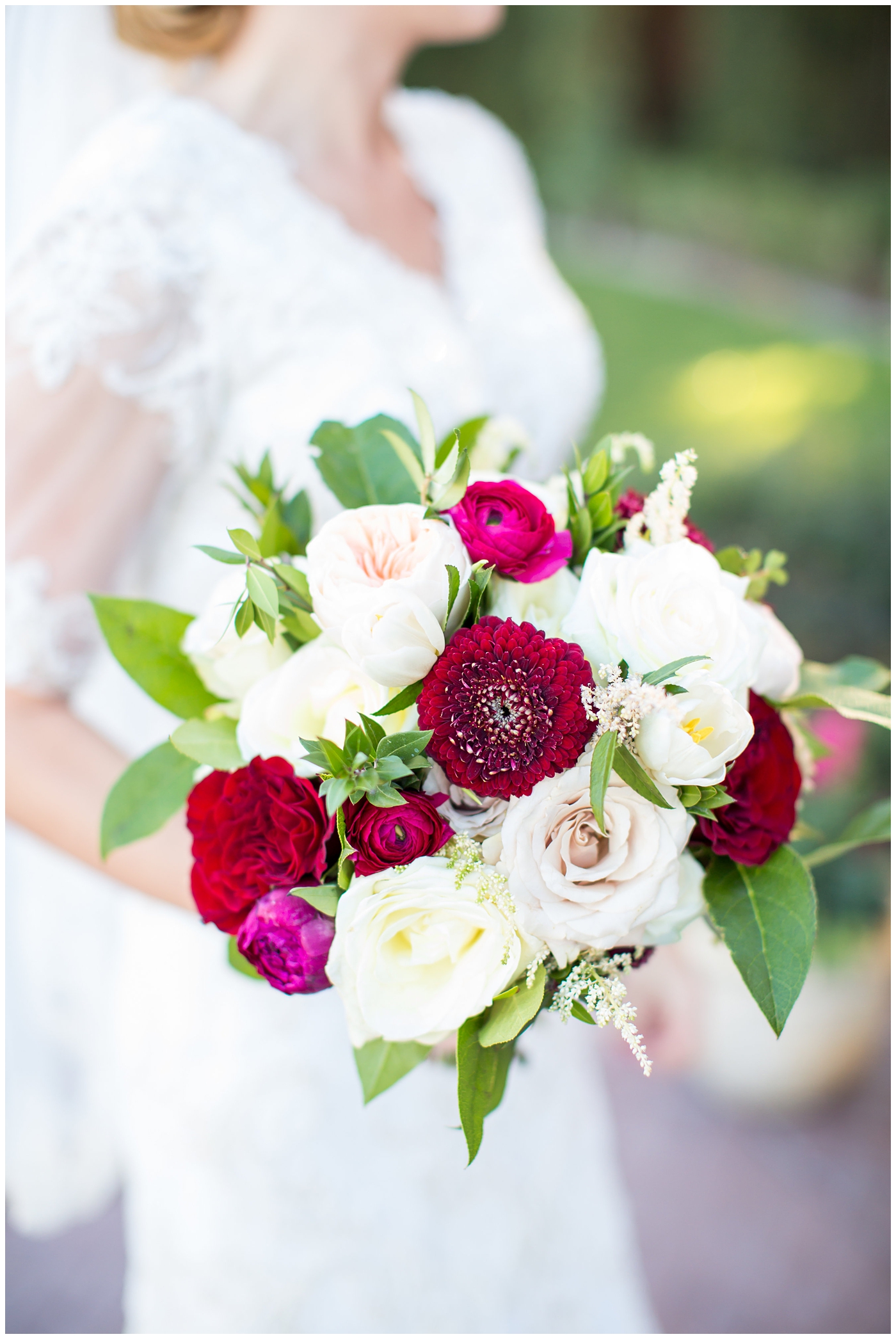 burgundy, white, and green wedding bouquet 