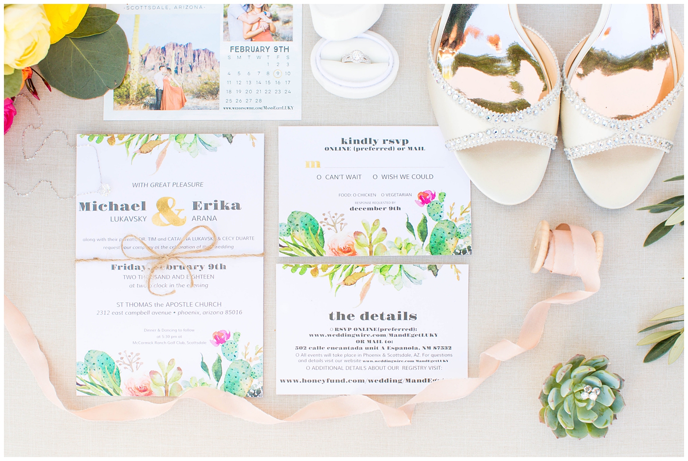 wedding paper suite details with cactus, badgley mischka shoes, ring in mrs. box