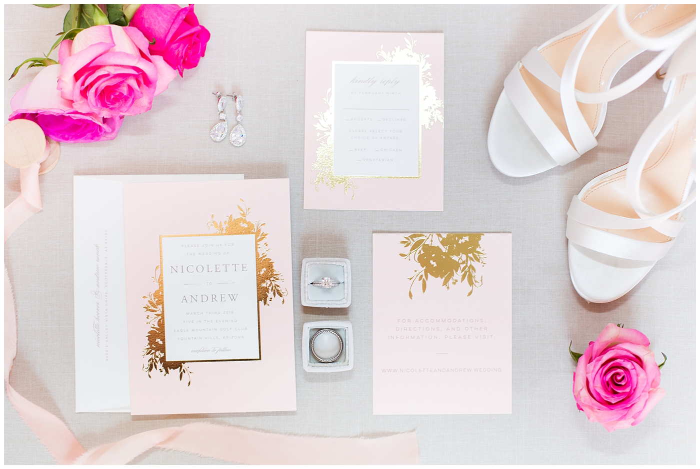 blush pink and gold foil wedding invitation suite flat lay with ring and pink roses