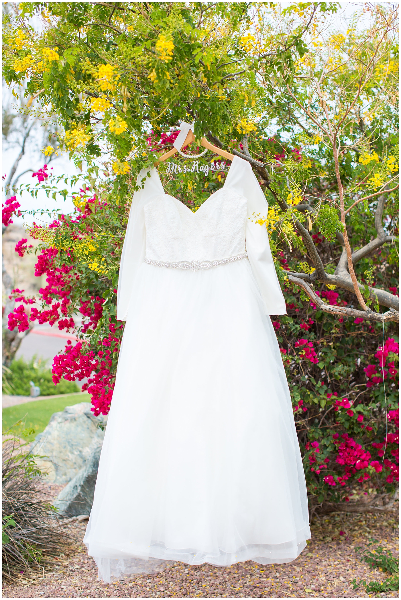long sleeve wedding dress on custom bridal hanger