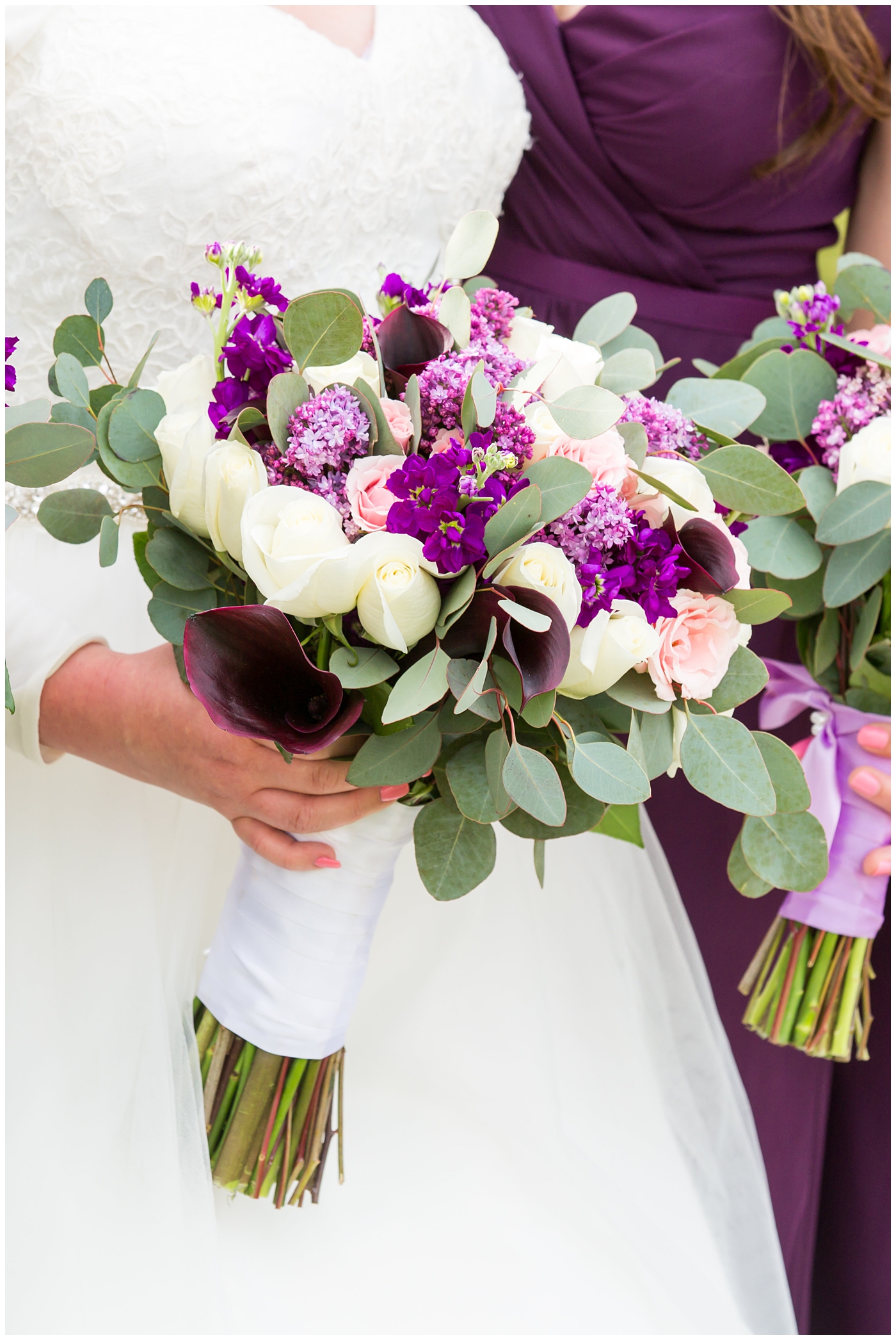 blonde bride in long sleeve wedding dress with purple and white flower bouquet with bridesmaids in plum dresses on wedding day bridal party portrait
