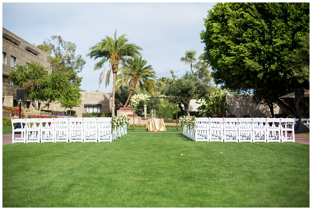 Arizona Biltmore garden wedding with white chairs