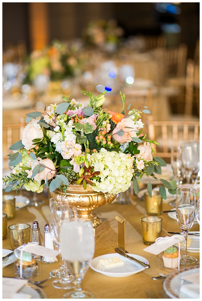 gold room arizona biltomore wedding reception gold vase with spring flowers