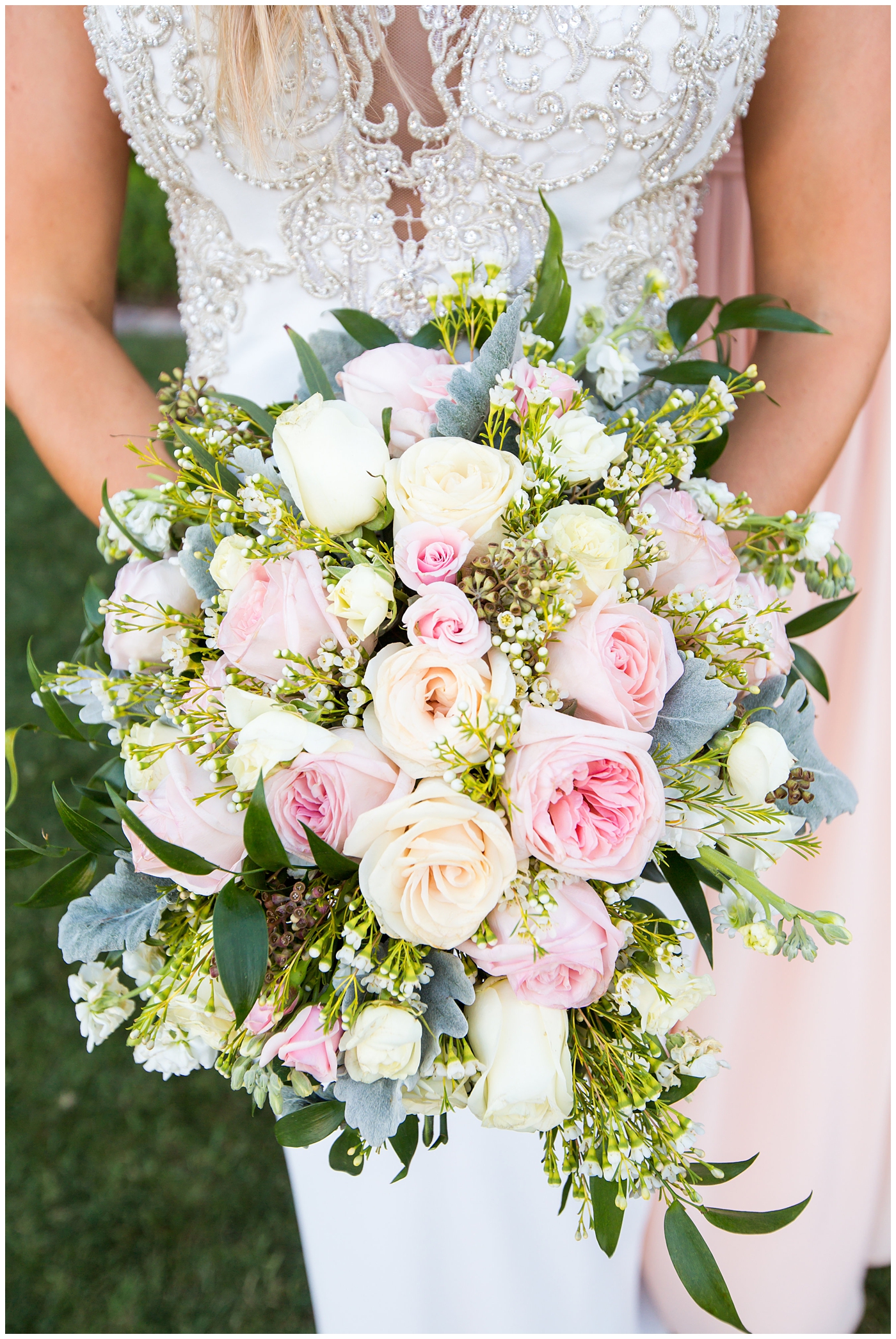organic blush, white and greenery bouquet with roses wedding day bouquet